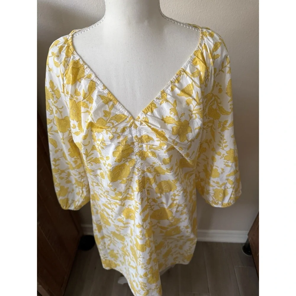 LOFT NWT Floral Cotton Mini Dress Yellow White Puff Sleeve Size 12 Cottagecore